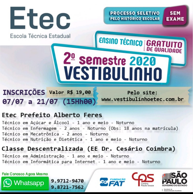 Etec: inscrições do Vestibulinho para cursos técnicos gratuitos