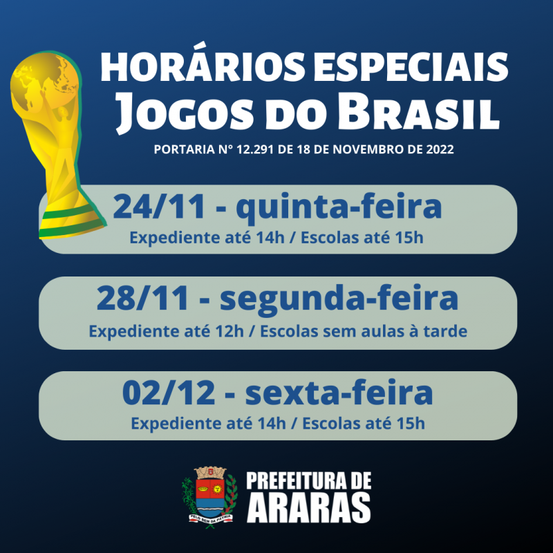 Prefeitura terá horários especiais em dias de jogos do Brasil na Copa do  Mundo